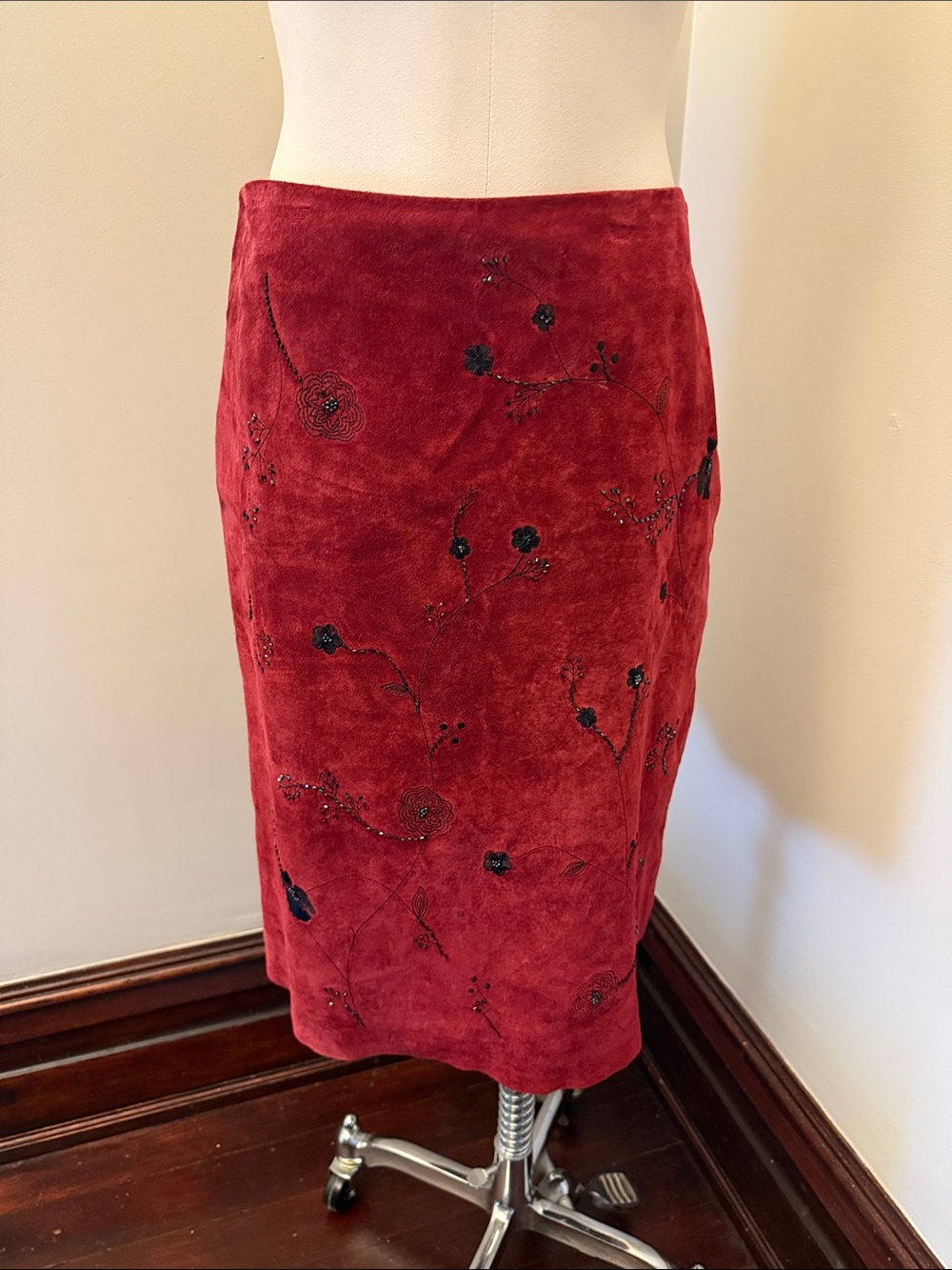 New Frontier Deep Red Velvet Pencil Skirt with Black Floral Detail